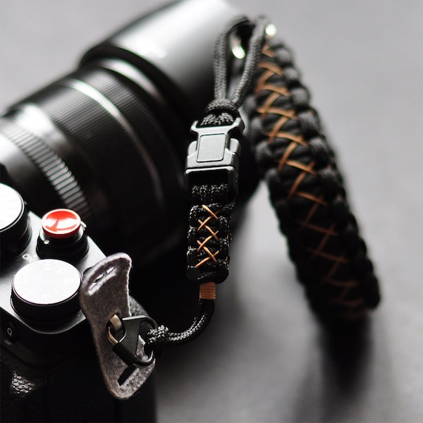 Paracord  Camera Wrist Strap, Cord, Black / Brown, quick release kit, Fujifilm, Sony, Nikon, Canon, Mirrorless