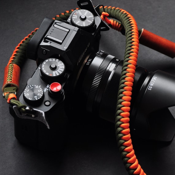 Paracord Camera Strap, Orange / Khaki Snake Knot, Leather Detail