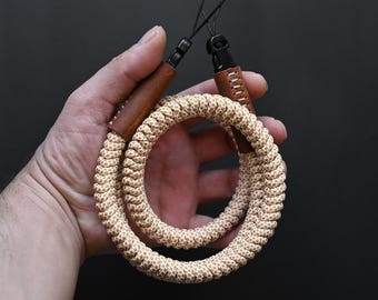 White / Bronze Paracord Camera Strap with Leather Detail