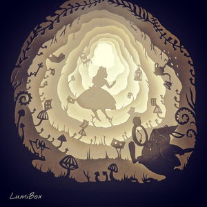 Modello lightbox 3D Papercut SVG Digitale Alice nel paese delle meraviglie, modello di lampada per intaglio di carta 3D, modello di lightbox con taglio di carta