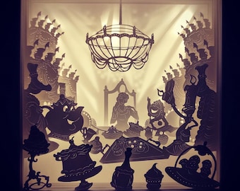 3D Papercut lightbox template svg Digital beauty and the Beast, 3D paper carving lamp template, paper cut light box template