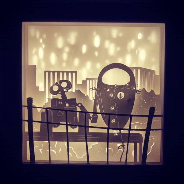 Wall-e and Eve Lightbox SVG, Paper Cut Template Ai, wall-e Shadow Box Svg, wall-e 3D Papercut Light Box EPS File, Pdf, dxf, svg, studio3 Wall-e and Eve Lightbox SVG, Paper Cut Template Ai, wall-e Shadow Box Svg, wall-e 3D Papercut Light Box EPS File, Pdf, dxf, svg, studio3