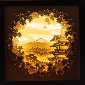 Modello di scatola luminosa in carta tagliata con paesaggio giapponese, scatola delle ombre, file SVG, scatola luminosa in carta tagliata fai da te 3D, taglio Cricut