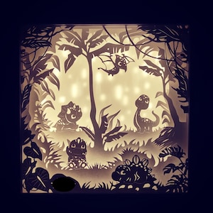 Dinos Lightbox SVG, Paper Cut Template Ai, dinosauri baby Shadow Box Svg, dinosauri 3D Papercut Light Box EPS File dxf, Pdf, svg