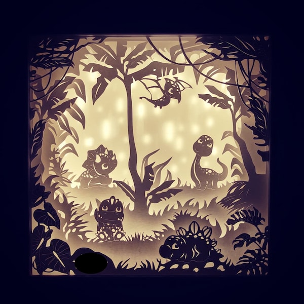 Dinosaurier Lightbox SVG, Pappersklippsmall Ai, Dinosauriebaby Shadow Box Svg, 3D-dinosaurier Pappersklippt Lightbox EPS-fil dxf, pdf, svg