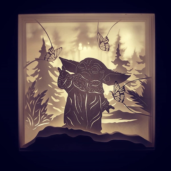Baby Yoda 3D Papercut lightbox plantilla svg Digital, plantilla caja de luz corte de papel, templates stars wars, guerra de las galaxias