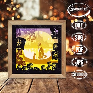 Rapunzel Shadow Box SVG para proyectos Cricut DIY, Mouse Couple Box Lantern para decoración