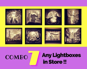 Zestaw 7 niestandardowych szablonów Lightbox – Szablony SVG – Shadow Box – Szablon wycinanki 3D Cyfrowy Lightbox SVG