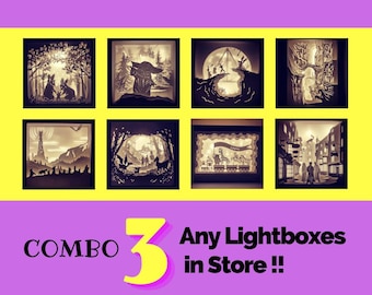 Zestaw 3 niestandardowych szablonów Lightbox – Szablony SVG – Shadow Box – Szablon wycinanki 3D Cyfrowy Lightbox SVG