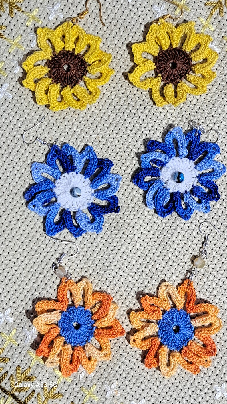 Handmade sunflower earrings Cotton boho jewelry Carnival accessories, gifts for the bridesmaids zdjęcie 5