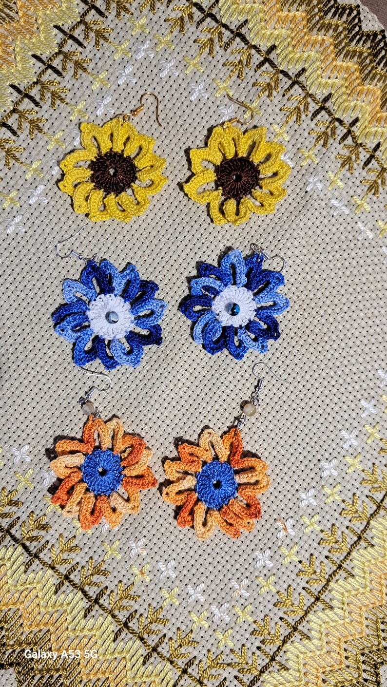 Handmade sunflower earrings Cotton boho jewelry Carnival accessories, gifts for the bridesmaids zdjęcie 6