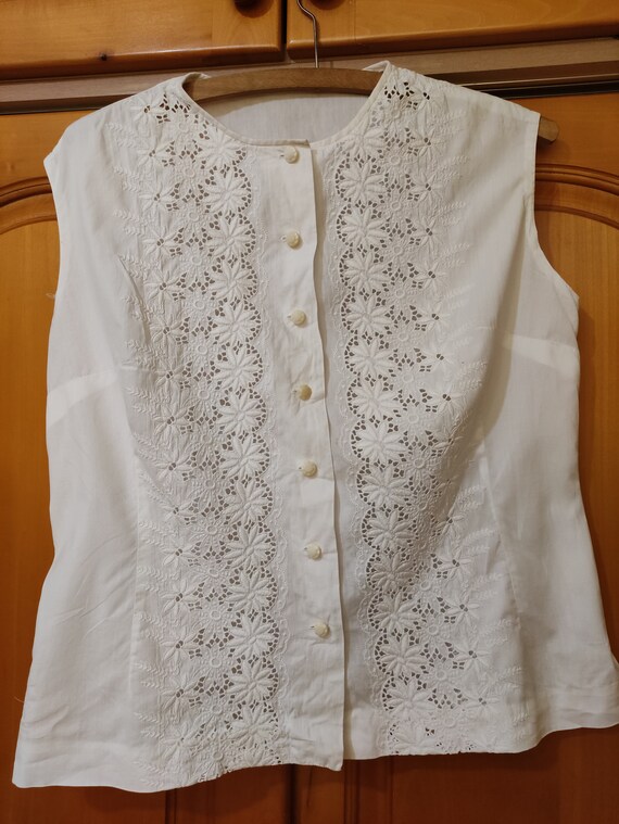 刺繍入りヴィンテージホワイトコットンノースリーブブラウスレディース 