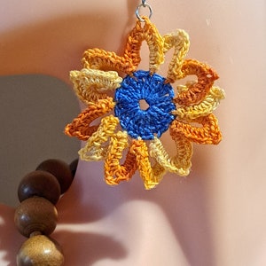 Handmade sunflower earrings Cotton boho jewelry Carnival accessories, gifts for the bridesmaids zdjęcie 3