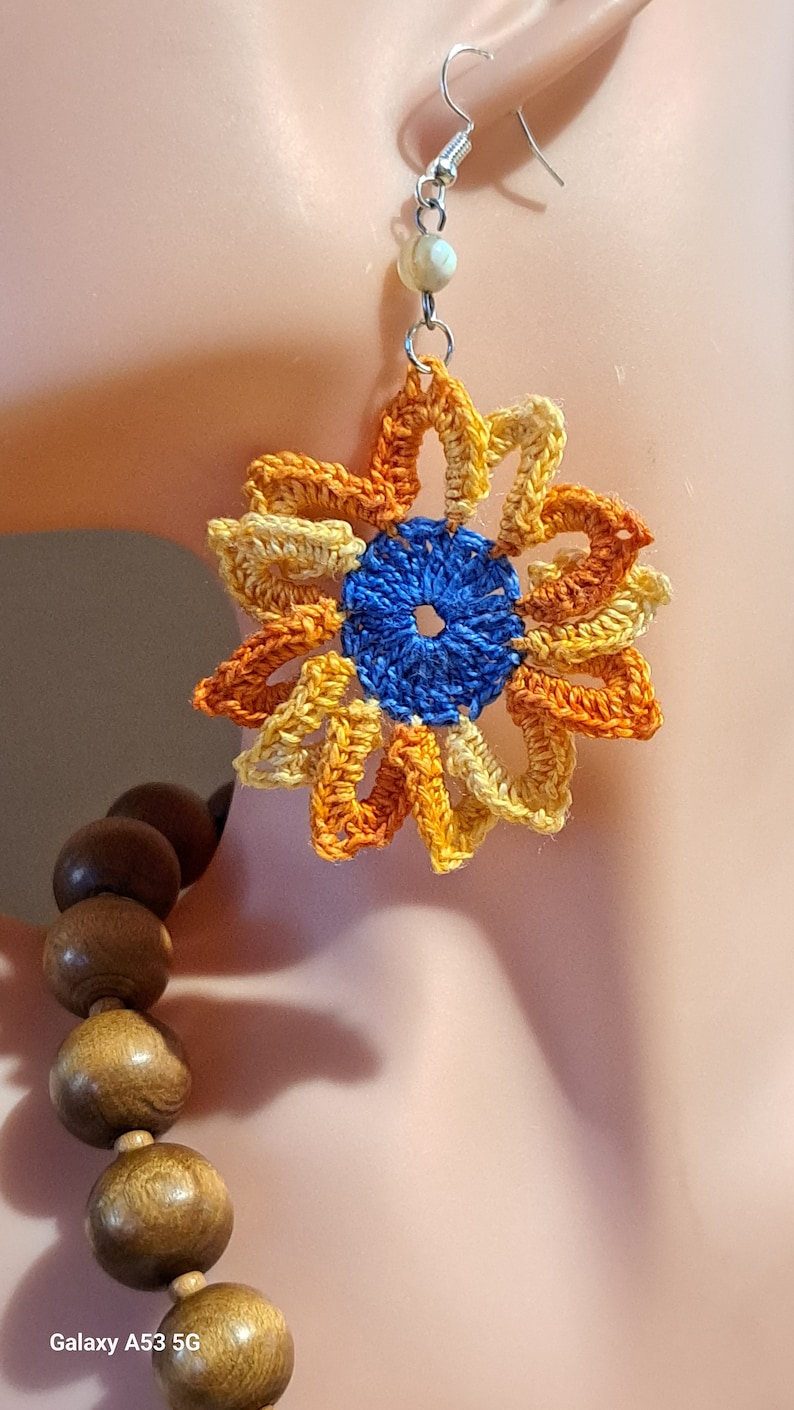 Handmade sunflower earrings Cotton boho jewelry Carnival accessories, gifts for the bridesmaids zdjęcie 3