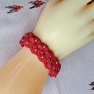 Red beaded bracelet Crochet art jewelry Cotton textile, wedding,  bridesmaids, gift for boyfriend