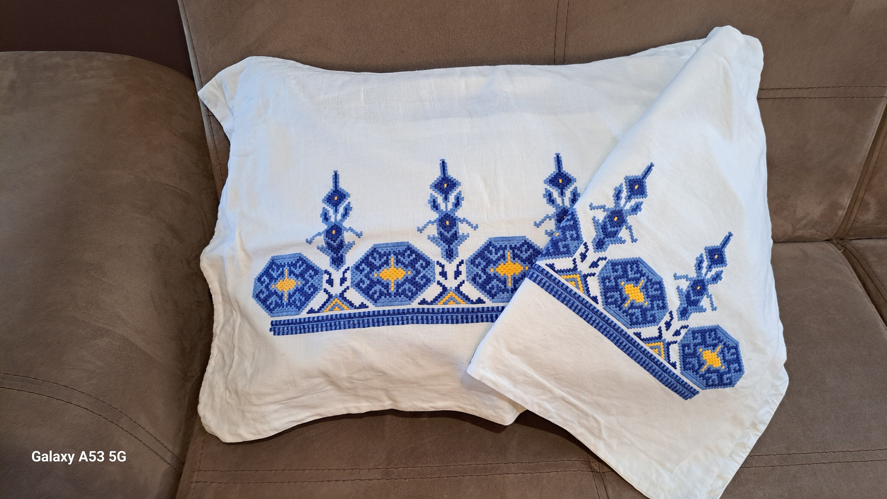 Set of 5 White Jute Cushion Covers with Floral Design and Yellow border main image 1