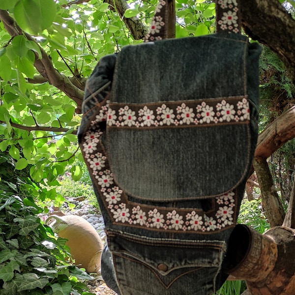 Backpack from recycled jeans in a boho style Bags and backpack Second life for old clothes, sports bag s