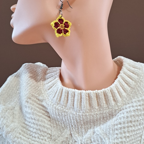 Earrings crocheted from cotton yarn in burgundy and yellow colors Lace jewelry Textile accessories, a gift for my sister
