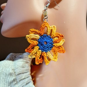 Handmade sunflower earrings Cotton boho jewelry Carnival accessories, gifts for the bridesmaids zdjęcie 9