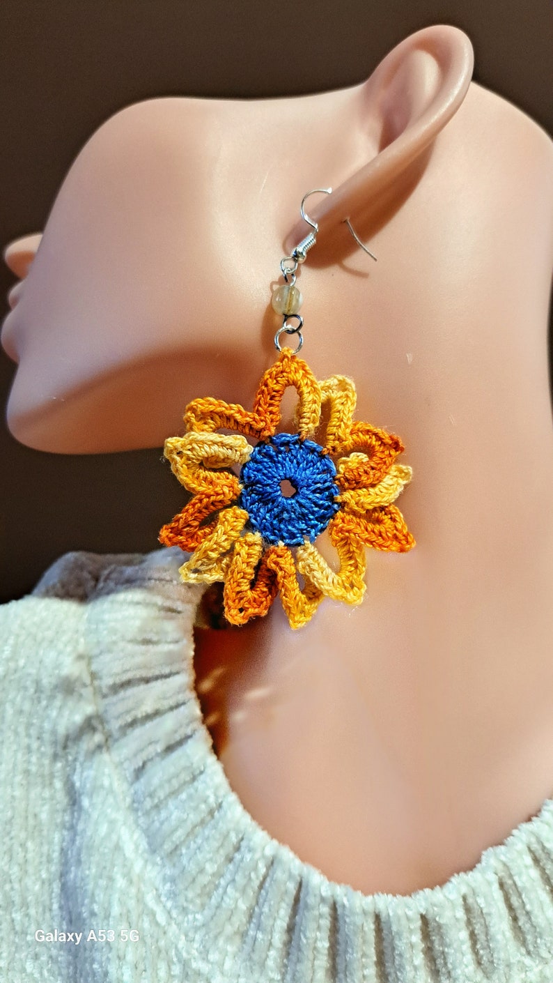 Handmade sunflower earrings Cotton boho jewelry Carnival accessories, gifts for the bridesmaids zdjęcie 9