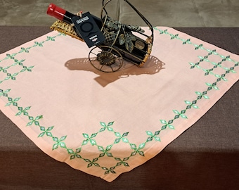 Party table accent Embroidered cotton fabric Vintage pink tablecloth with green embroidery, cover, table runner, ethno craft, handmade