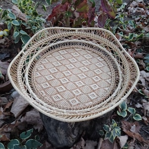 Two rattan round fruit trays  Set of knitted bread pans Decorative trays, baskets wicker wooden serving fruits, platters, bins, montessori