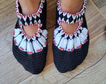 Knitted house slippers in black and white with red beads Women's home shoes Socks for winter, gift for yourself