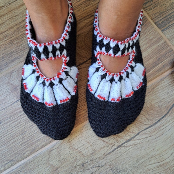 Knitted house slippers in black and white with red beads Women's home shoes Socks for winter