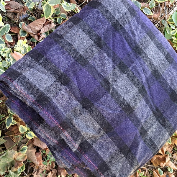 Purple and gray plaid wool coat fabric Plaid vintage textile for outerwear Sewing supplies and materials