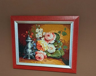 A rare hand-embroidered cross-stitched rose painting, framed and ready to hang Wall decor Arts and Crafts