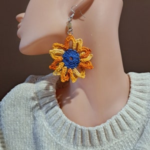 Handmade sunflower earrings Cotton boho jewelry Carnival accessories, gifts for the bridesmaids zdjęcie 8