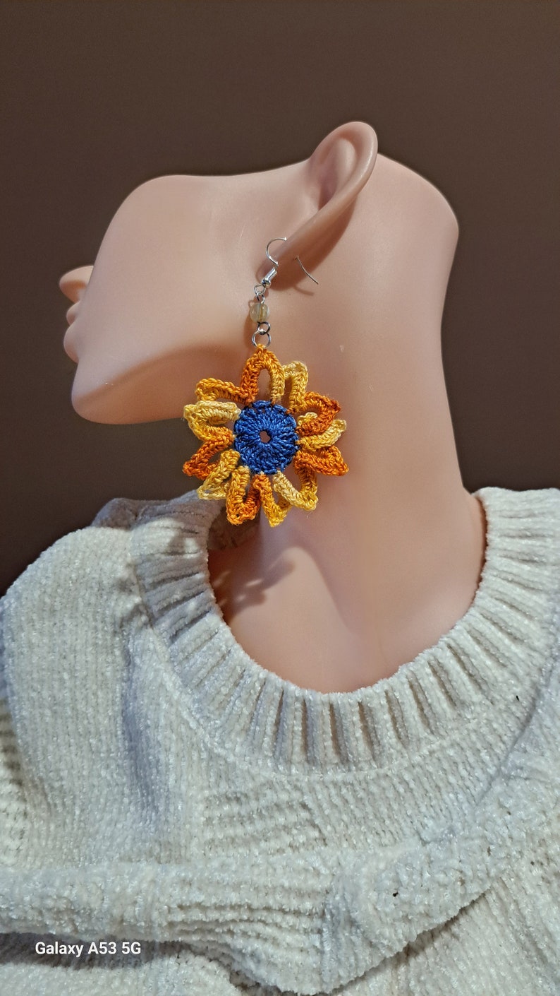 Handmade sunflower earrings Cotton boho jewelry Carnival accessories, gifts for the bridesmaids zdjęcie 8