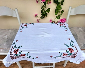 White cotton vintage tablecloth with hand embroidered roses, folk art,  Shabby Chic table decor, handmade cross stitch, European textiles