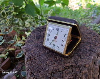 Touristic retro travel alarm clock Vintage table clock in brown leather case