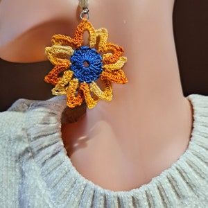 Handmade sunflower earrings Cotton boho jewelry Carnival accessories, gifts for the bridesmaids zdjęcie 7