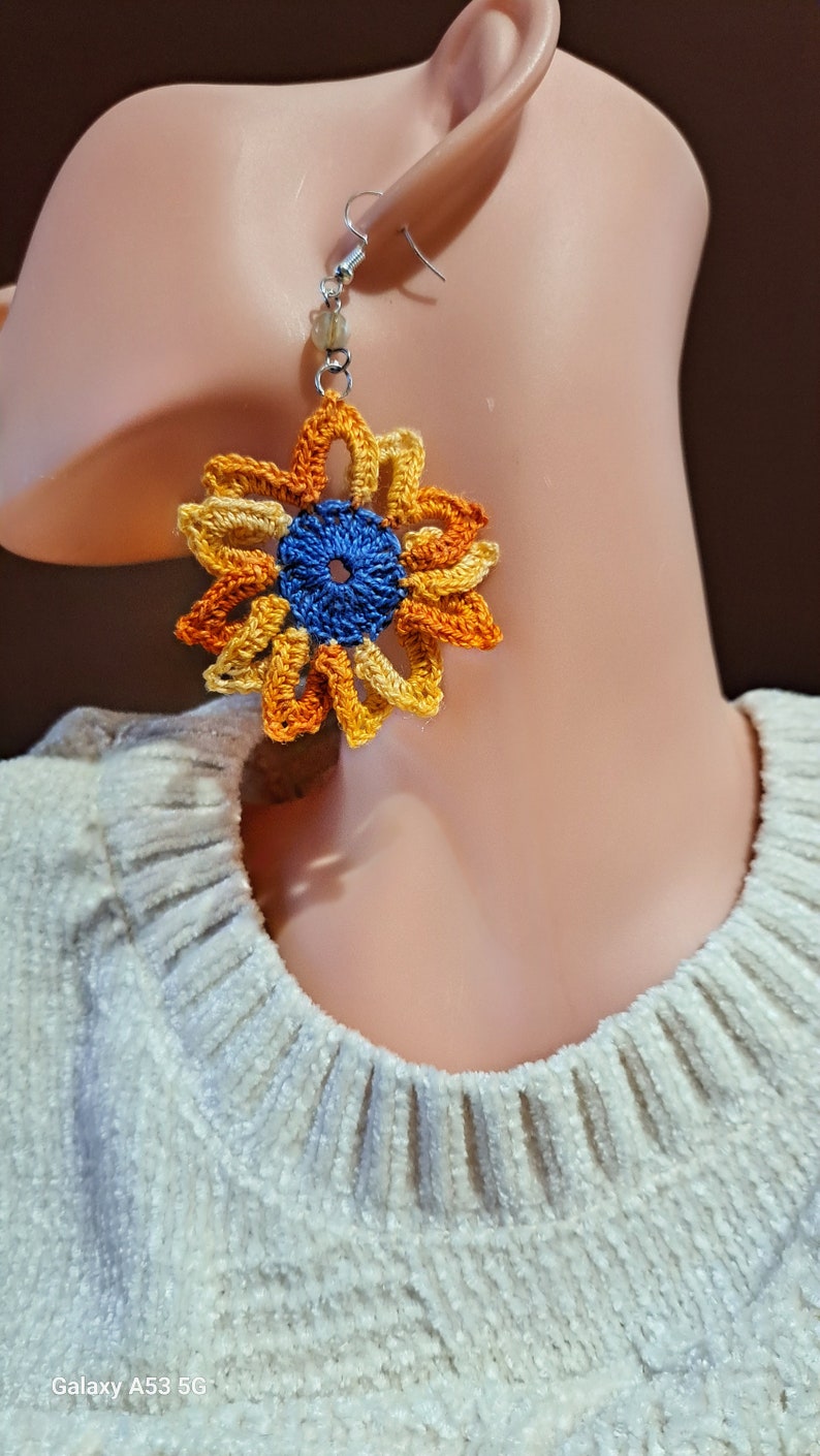 Handmade sunflower earrings Cotton boho jewelry Carnival accessories, gifts for the bridesmaids zdjęcie 7