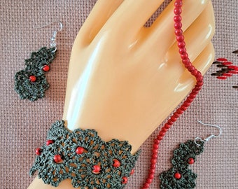 Ensemble de bijoux pour boucles d'oreilles et bracelet Dentelle de coton au crochet Accessoires pour femmes, cadeau pour vous, fil et perles, bijoux de fête bohèmes fait main