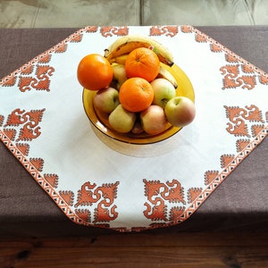 Vintage white square tablecloth with orange embroidery Artistic decorative home textiles Cotton fabric, shades and curtains, art boho decor