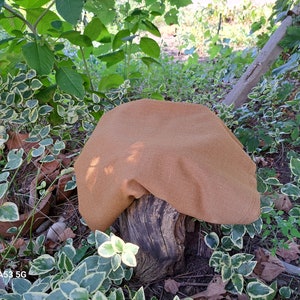 Puede incluir: Una tela marrón drapeada sobre un tocón de árbol en un jardín. La tela es texturizada y tiene un tono natural y terroso.