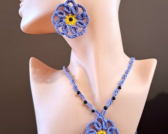 Set jewelry earrings and necklace Cotton lace accessories Crochet flowers