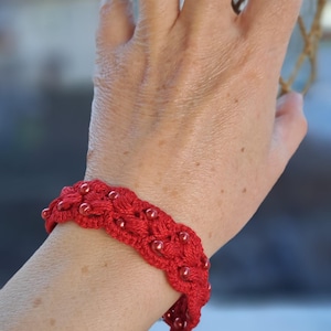 Red beaded bracelet Crochet art jewelry Cotton textile, wedding accessories,  bridesmaids, gift for boyfriend, different colors, gift mode