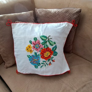 Decorative white cotton cushion pillowcases with embroidered flowers New, unused, vintage textiles, bedding, hand embroidery