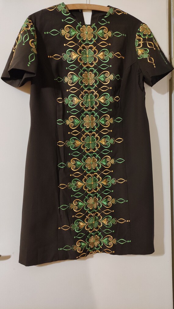Brown dress with green and yellow embroidered flo… - image 2
