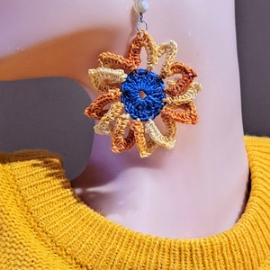 Handmade sunflower earrings Cotton boho jewelry Carnival accessories, gifts for the bridesmaids zdjęcie 2