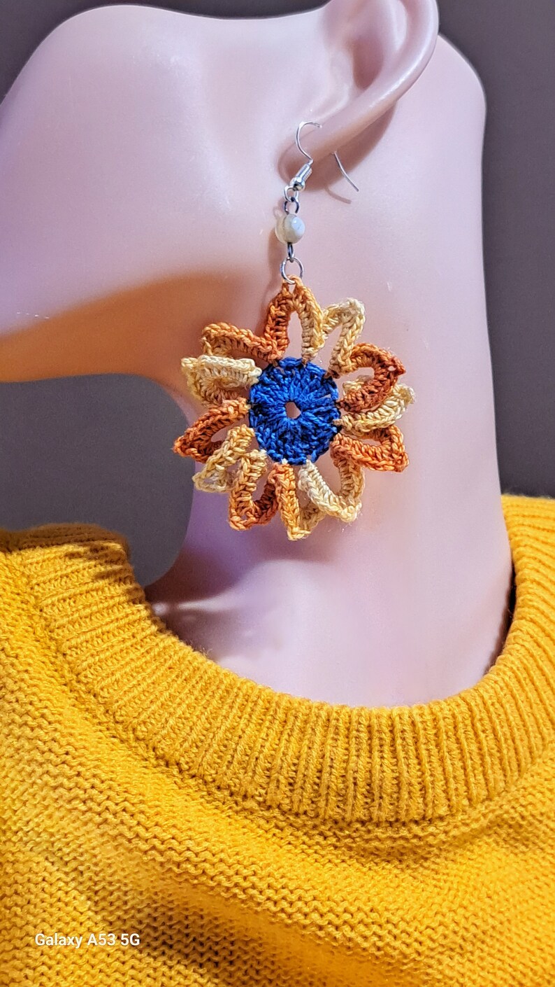 Handmade sunflower earrings Cotton boho jewelry Carnival accessories, gifts for the bridesmaids zdjęcie 2