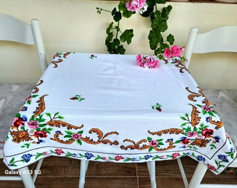 Vintage tablecloth hand embroidered with cross stitch Cotton table centerpiece with floral motifs Folk art