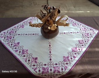 Folk art embroidered Vintage white tablecloth with purple embroidery for tea table Handmade old textile