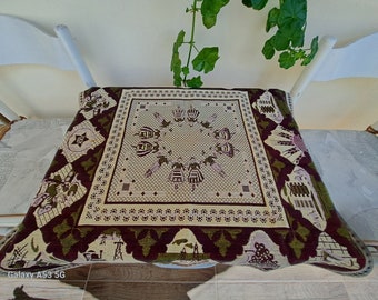 Retro square  jacquard tablecloth without fringe Colorful vintage textile Table centerpiece
