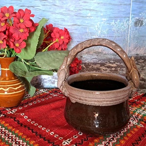 Vintage small ceramic basket Clay basket for decoration Handmade gift for home, round vase, gift for mom, folk artwork, retro style, potter