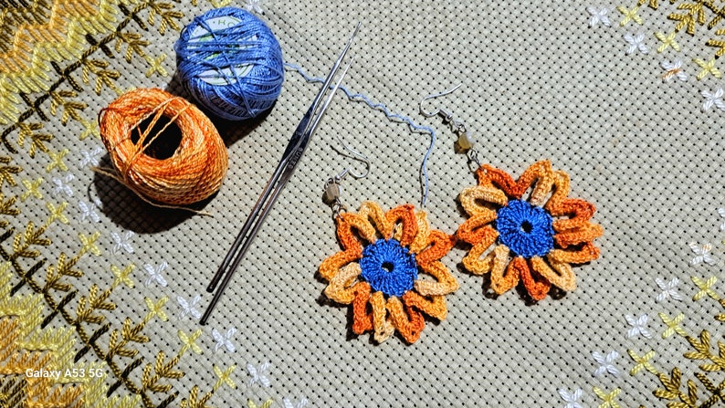 Handmade sunflower earrings Cotton boho jewelry Carnival accessories, gifts for the bridesmaids zdjęcie 4